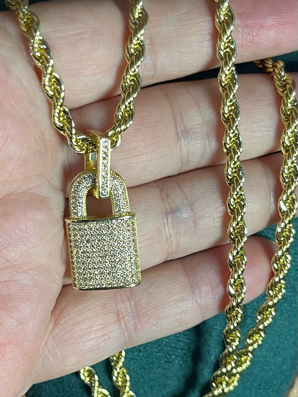 Gold Rope Chain Pendant Necklace with Pavé Padlock 20” FABULOUS!!!